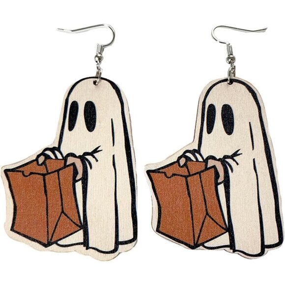 Halloween Cute Ghost Pumpkin Wooden Resin Acrylic Dangle Earrings Cartoon - Picture 1 of 1